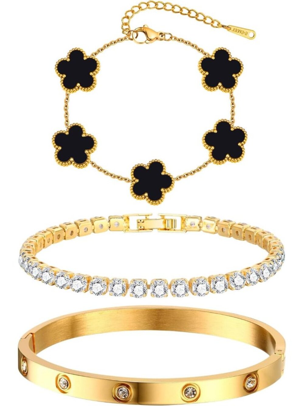 Womens Black Stackable Floral Gold Bracelets - 3Pcs 18K Gold Plated Bracelet